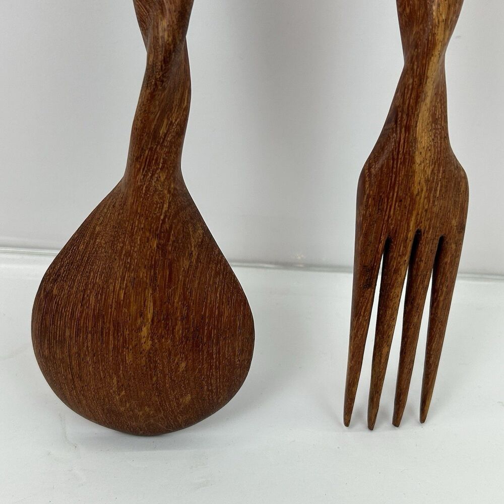 Hand Carved African Wooden Salad Server Spoon Fork Set Kenya A Leo Product - Picture 11 of 13